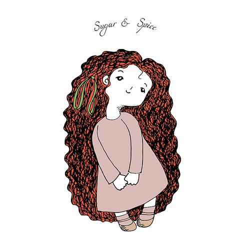 Hand drawn illustration of a cute little girl with very long hair, in simple dress and Mary Jane shoes, looking up. Sugar and Spice. Design for children, postcard, poster, sticker, T-shirt .