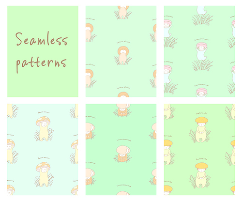 Set of hand drawn cute seamless vector patterns with mushrooms with Latin names: fly amanita, red capped scaber stalk, honey fungus, woolly milk cap, saffron milk cap. Design concept for children.