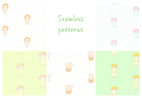 Set of hand drawn cute seamless vector patterns with mushrooms: fly amanita, red capped scaber stalk, honey fungus, woolly milk cap, saffron milk cap, on green background. Design concept for children.