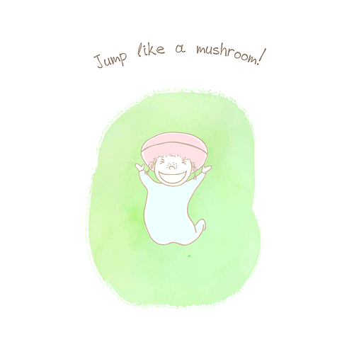 Hand drawn humorous illustration of an anthropomorphic woolly milk cap on a watercolor background, text Jump like a mushroom. Design concept for children - postcard, poster, sticker, T-shirt .