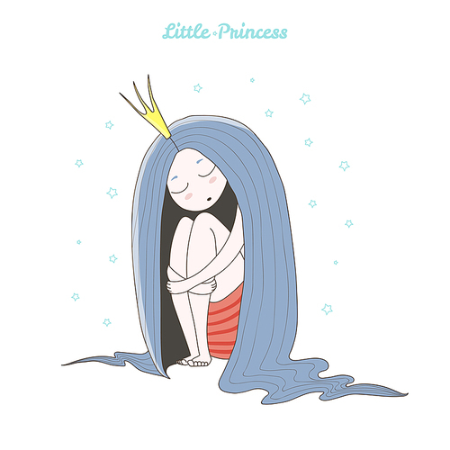 Hand drawn vector illustration of a little sleeping princess with long hair in a crown, sitting, with text Little princess. Isolated objects on white . Design concept for girls.
