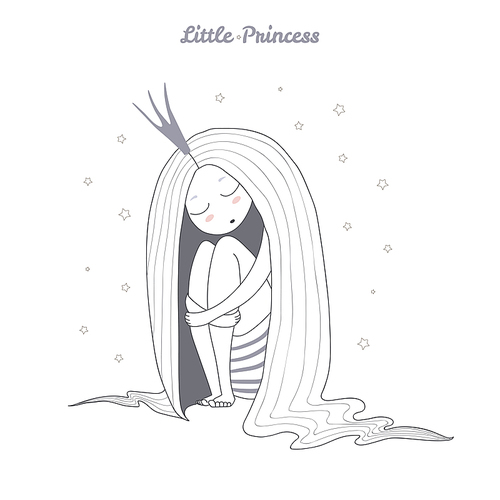 Hand drawn vector illustration of a little sleeping princess with long hair in a crown, sitting, with text Little princess. Isolated objects on white . Design concept for girls.