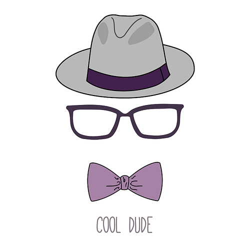 Hand drawn minimalistic vector illustration of a fedora hat, vintage glasses and bow tie, with text Cool dude. Isolated objects on white . Design concept for fashion.