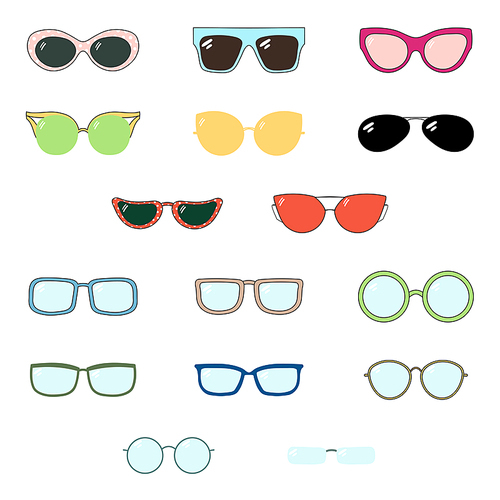 Set of hand drawn cute cartoon glasses and sunglasses of various colours and shapes. Isolated objects on white . Vector illustration Design elements.