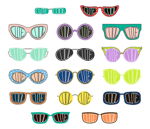 Set of hand drawn cute cartoon sunglasses of various colours and shapes, with words Cool and Cute written inside the lenses. Isolated objects on white . Vector illustration Design elements.