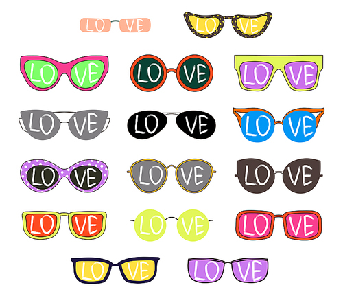 Set of hand drawn cute cartoon sunglasses of various colours and shapes, with word Love written inside the lenses. Isolated objects on white . Vector illustration Design elements.
