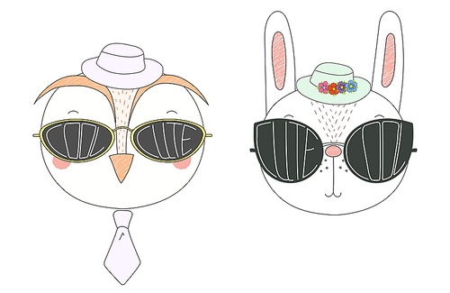 Hand drawn vector illustration of a funny owl and rabbit in hats and big sunglasses with words Cute and Cool written inside them. Isolated objects on white . Design concept for children.