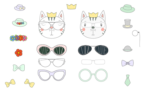 Hand drawn vector illustration of a cute funny cat heads with a set of different glasses, sunglasses, trendy hats and accessories. Isolated objects. Design concept for children. Do it yourself.