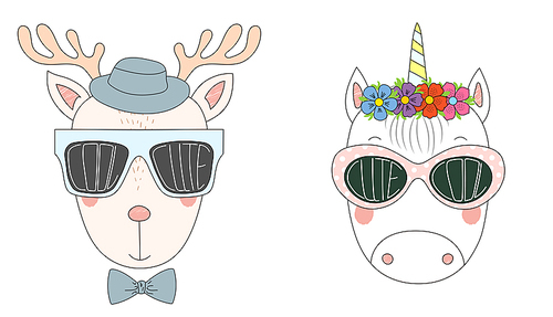 Hand drawn vector illustration of a funny reindeer and unicorn in big sunglasses with words Cute and Cool written inside them. Isolated objects on white . Design concept for children.