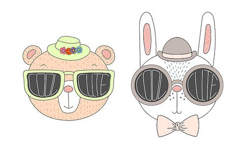 Hand drawn vector illustration of a funny bear and rabbit in hats and big sunglasses with words Cute and Cool written inside them. Isolated objects on white . Design concept for children.