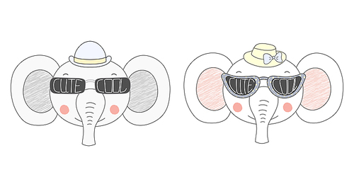 Hand drawn vector illustration of cute funny elephants in hats and big sunglasses with words Cute and Cool written inside them. Isolated objects on white . Design concept for children.