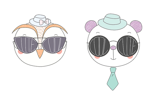 Hand drawn vector illustration of a funny owl and panda in hats and big sunglasses with words Cute and Cool written inside them. Isolated objects on white . Design concept for children.