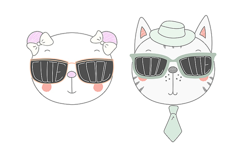 Hand drawn vector illustration of a funny panda and cat in big sunglasses with words Cute and Cool written inside them. Isolated objects on white . Design concept for children.