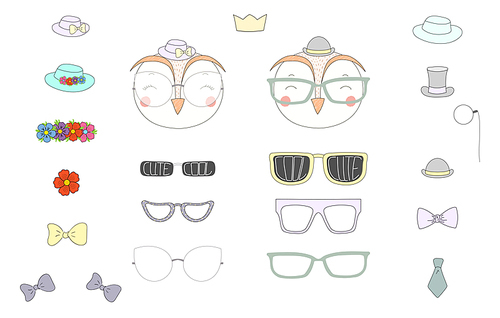 Hand drawn vector illustration of a cute funny owl heads with a set of different glasses, sunglasses, trendy hats and accessories. Isolated objects. Design concept for children. Do it yourself.