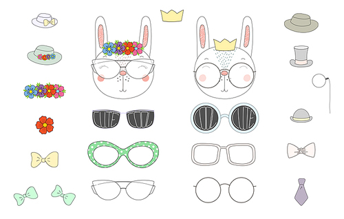 Hand drawn vector illustration of a cute funny rabbit heads with a set of different glasses, sunglasses, trendy hats and accessories. Isolated objects. Design concept for children. Do it yourself.