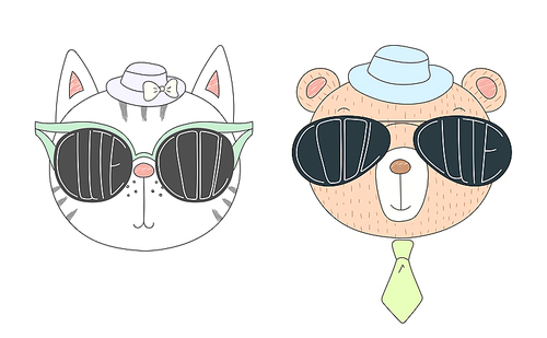Hand drawn vector illustration of a funny cat and bear in hats and big sunglasses with words Cute and Cool written inside them. Isolated objects on white . Design concept for children.
