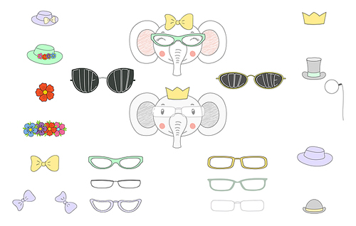 Hand drawn vector illustration of a cute funny elephant heads with a set of different glasses, sunglasses, trendy hats and accessories. Isolated objects. Design concept for children. Do it yourself.