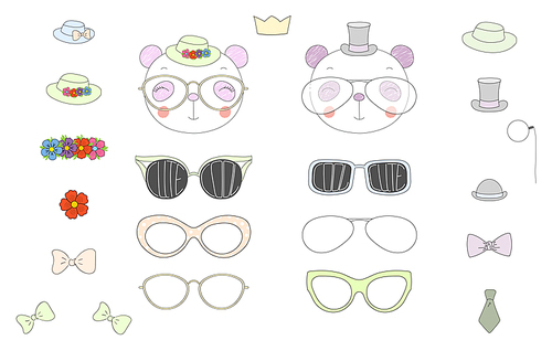 Hand drawn vector illustration of a cute funny panda heads with a set of different glasses, sunglasses, trendy hats and accessories. Isolated objects. Design concept for children. Do it yourself.