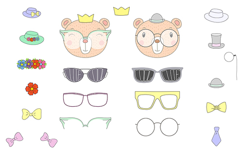 Hand drawn vector illustration of a cute funny bear heads with a set of different glasses, sunglasses, trendy hats and accessories. Isolated objects. Design concept for children. Do it yourself.