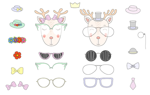 Hand drawn vector illustration of a cute funny deer heads with a set of different glasses, sunglasses, trendy hats and accessories. Isolated objects. Design concept for children. Do it yourself.