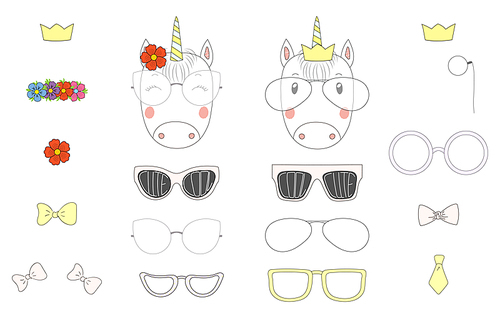 Hand drawn vector illustration of a cute funny unicorn heads with a set of different glasses, sunglasses, trendy hats and accessories. Isolated objects. Design concept for children. Do it yourself.