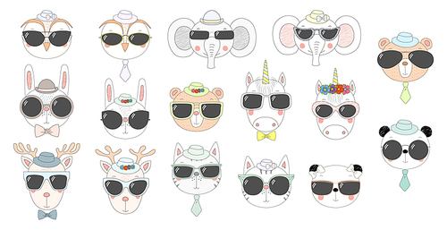 Big set of hand drawn cute funny portraits of cat, bear, panda, bunny, reindeer, unicorn, owl, elephant in sunglasses. Isolated objects on white . Vector illustration. Design concept kids
