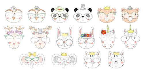 Big set of hand drawn cute funny portraits of cat, bear, panda, bunny, deer, unicorn, owl, elephant in different glasses. Isolated objects on white . Vector illustration. Design concept kids