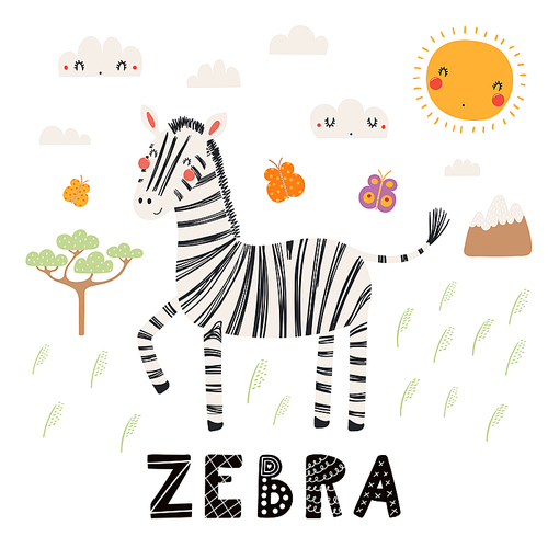 Hand drawn vector illustration of a cute zebra, African landscape, with text. Isolated objects on white . Scandinavian style flat design. Concept for children print.
