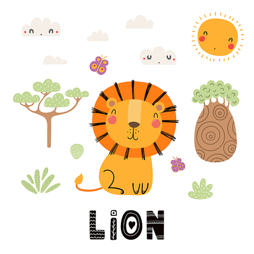 Hand drawn vector illustration of a cute lion, African landscape, with text. Isolated objects on white . Scandinavian style flat design. Concept for children print.