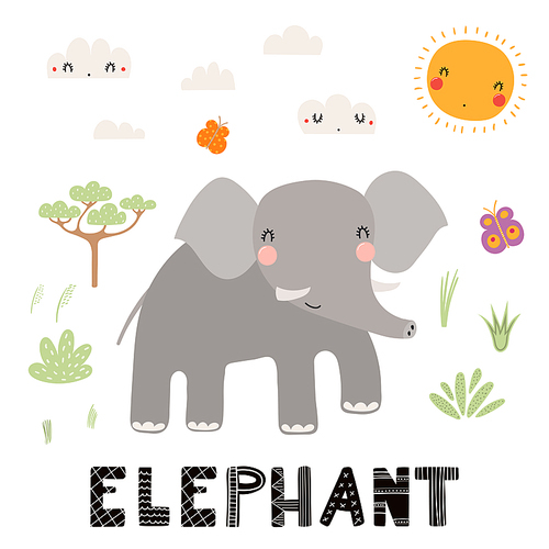 Hand drawn vector illustration of a cute elephant, African landscape, with text. Isolated objects on white . Scandinavian style flat design. Concept for children .