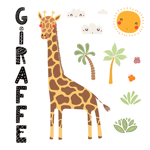 Hand drawn vector illustration of a cute giraffe, African landscape, with text. Isolated objects on white . Scandinavian style flat design. Concept for children .