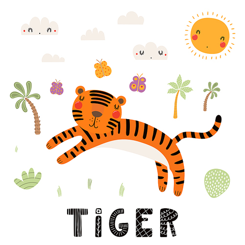Hand drawn vector illustration of a cute tiger, tropical landscape, with text. Isolated objects on white . Scandinavian style flat design. Concept for children print.