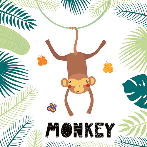 Hand drawn vector illustration of a cute monkey among tropical plants leaves, with text. Isolated objects on white . Scandinavian style flat design. Concept for children .
