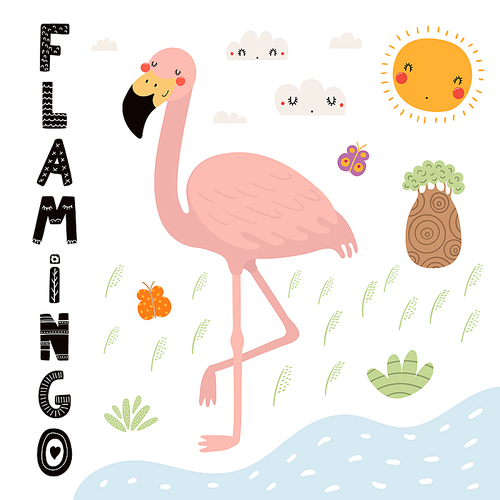 Hand drawn vector illustration of a cute flamingo, African landscape, with text. Isolated objects on white . Scandinavian style flat design. Concept for children .