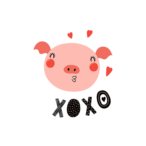 Hand drawn Valentines day card with cute funny pig, hearts, text XOXO. Isolated objects on white . Vector illustration. Scandinavian style flat design. Concept for children print.