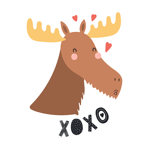Hand drawn Valentines day card with cute funny moose, hearts, text XOXO. Isolated objects on white . Vector illustration. Scandinavian style flat design. Concept for children print.
