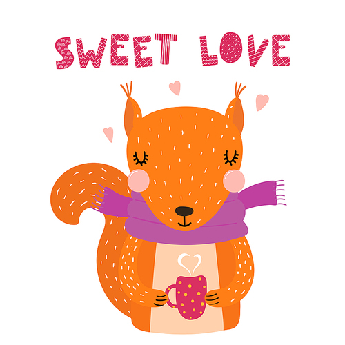 Hand drawn Valentines day card with cute funny squirrel, hearts, text Sweet love. Isolated objects on white . Vector illustration. Scandinavian style flat design. Concept for children print.