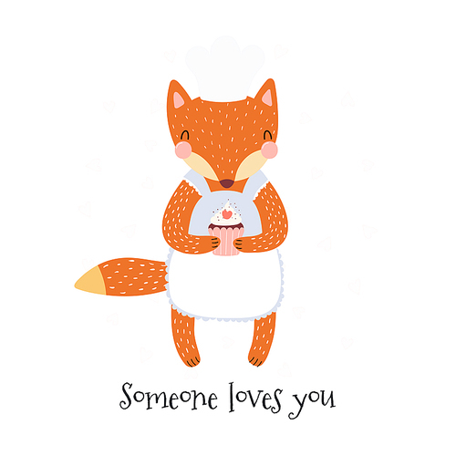 Hand drawn Valentines day card with cute funny fox holding cupcake, text. Isolated objects on white . Vector illustration. Scandinavian style flat design. Concept for children .