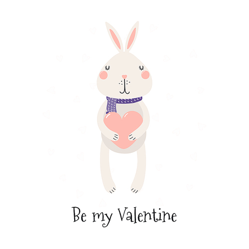 Hand drawn card with cute funny bunny holding heart, text Be my Valentine. Isolated objects on white . Vector illustration. Scandinavian style flat design. Concept for children .
