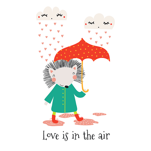 Hand drawn Valentines day card with cute funny hedgehog, clouds, hearts, text Love is in the air. Isolated objects on white. Vector illustration. Scandinavian style flat design. Concept for kids