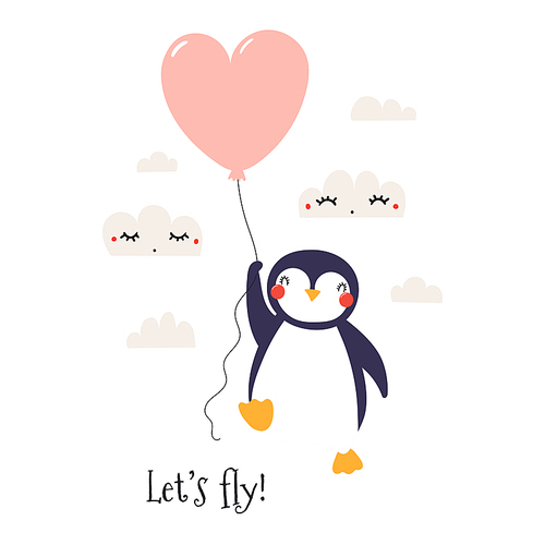 Hand drawn Valentines day card with cute funny penguin flying on a balloon, text Lets fly. Isolated objects on white . Vector illustration. Scandinavian style flat design. Concept kids