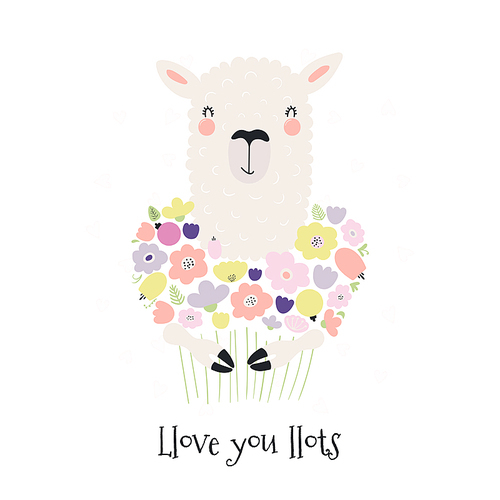 Hand drawn Valentines day card with cute funny llama holding flowers, text Llove you llots. Isolated objects on white . Vector illustration. Scandinavian style flat design. Concept for children .