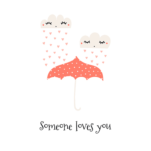 Hand drawn Valentines day card with cute clouds, hearts, umbrella, text Someone loves you. Isolated objects on white. Vector illustration. Scandinavian style flat design. Concept for kids .