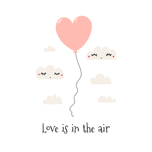 Hand drawn Valentines day card with cute clouds, heart shaped balloon, text Love is in the air. Isolated objects on white. Vector illustration. Scandinavian style flat design. Concept for kids print.