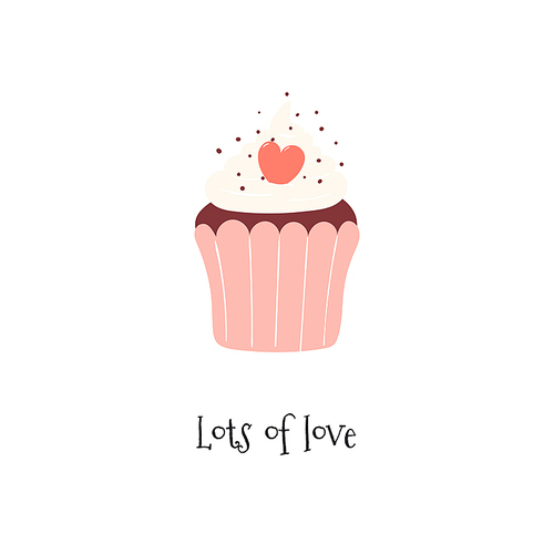 Hand drawn Valentines day card with cute cupcake, heart, text Lots of love. Isolated objects on white . Vector illustration. Scandinavian style flat design. Concept for kids .