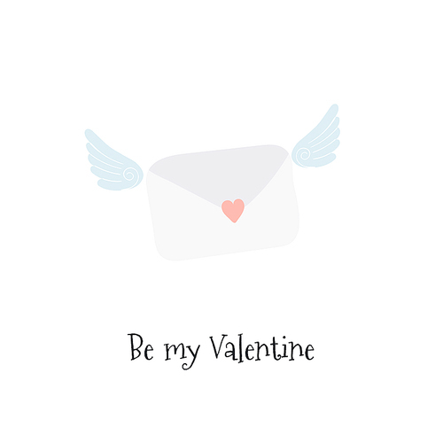 Hand drawn card with cute flying love letter, heart, text Be my Valentine. Isolated objects on white . Vector illustration. Scandinavian style flat design. Concept for kids .