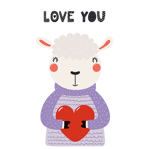 Hand drawn Valentines day card with cute funny sheep holding heart, text Love you. Isolated objects on white . Vector illustration. Scandinavian style flat design. Concept for children print