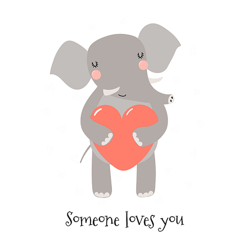 Hand drawn Valentines day card with cute funny elephant holding heart, text. Isolated objects on white . Vector illustration. Scandinavian style flat design. Concept for children .