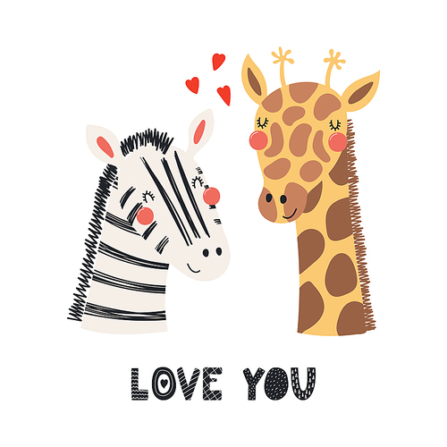 Hand drawn Valentines day card with cute funny zebra, giraffe, hearts, text Love you. Isolated objects on white . Vector illustration. Scandinavian style flat design. Concept children print.