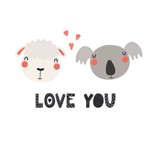 Hand drawn Valentines day card with cute funny sheep, koala, hearts, text Love you. Isolated objects on white . Vector illustration. Scandinavian style flat design. Concept children .